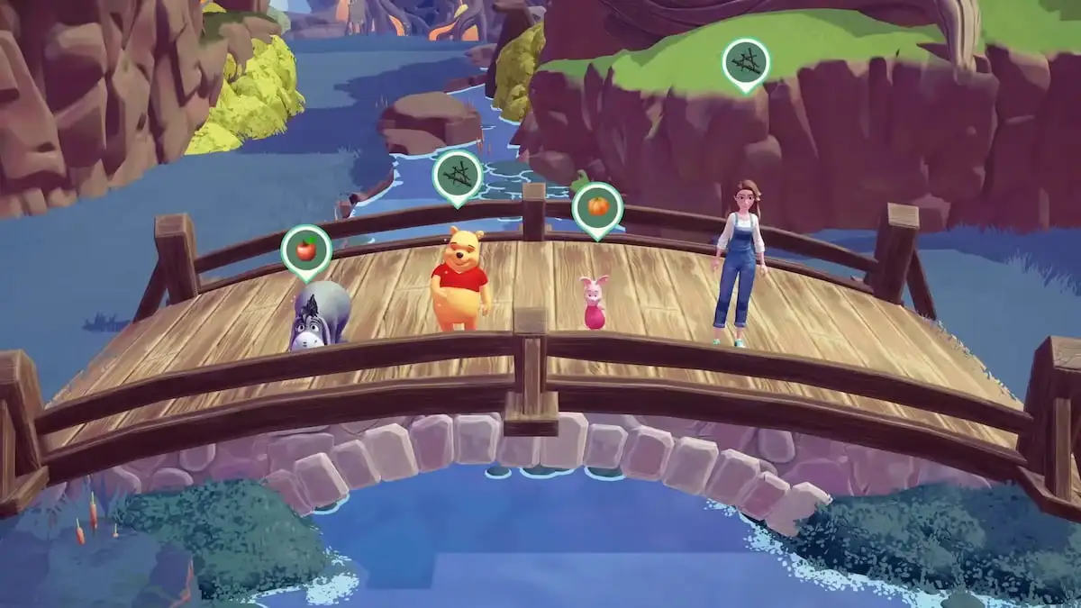 Playing pooh sticks on bridge in disney dreamlight valley