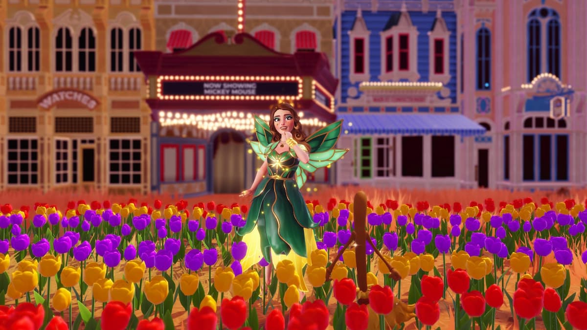 Player posing in tulip field preset in front of main street buildings preset in disney dreamlight valley
