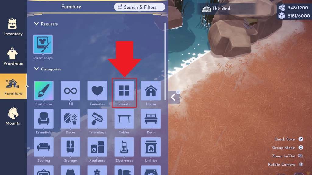 Preset tab marked in disney dreamlight valley