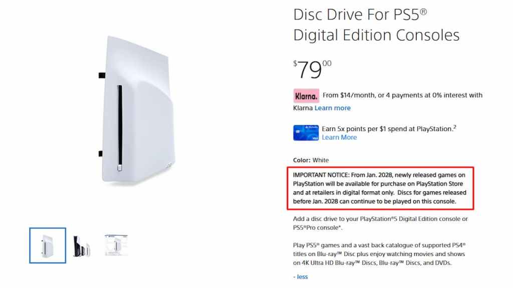 PS5 Disc Drive store page with notice about discs ending in 2028. 