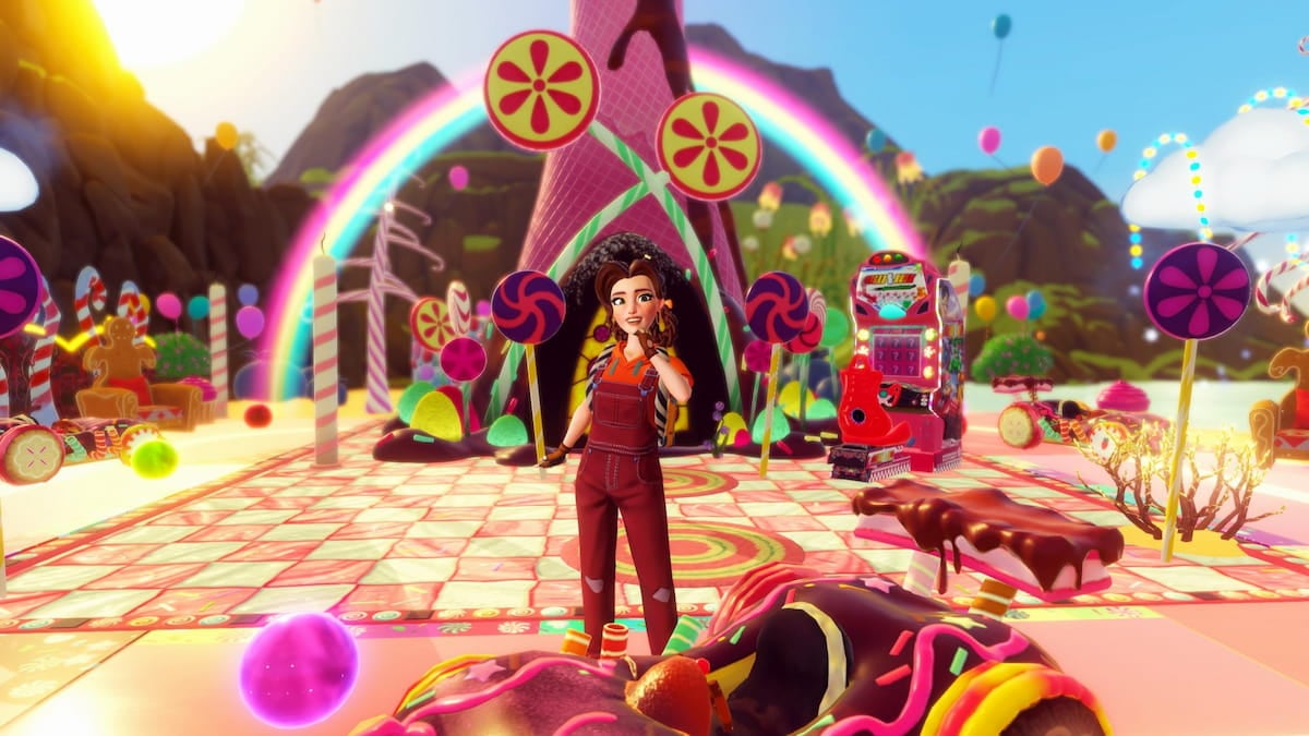 Player standing by Vanellope candy house and furniture in disney dreamlight valley