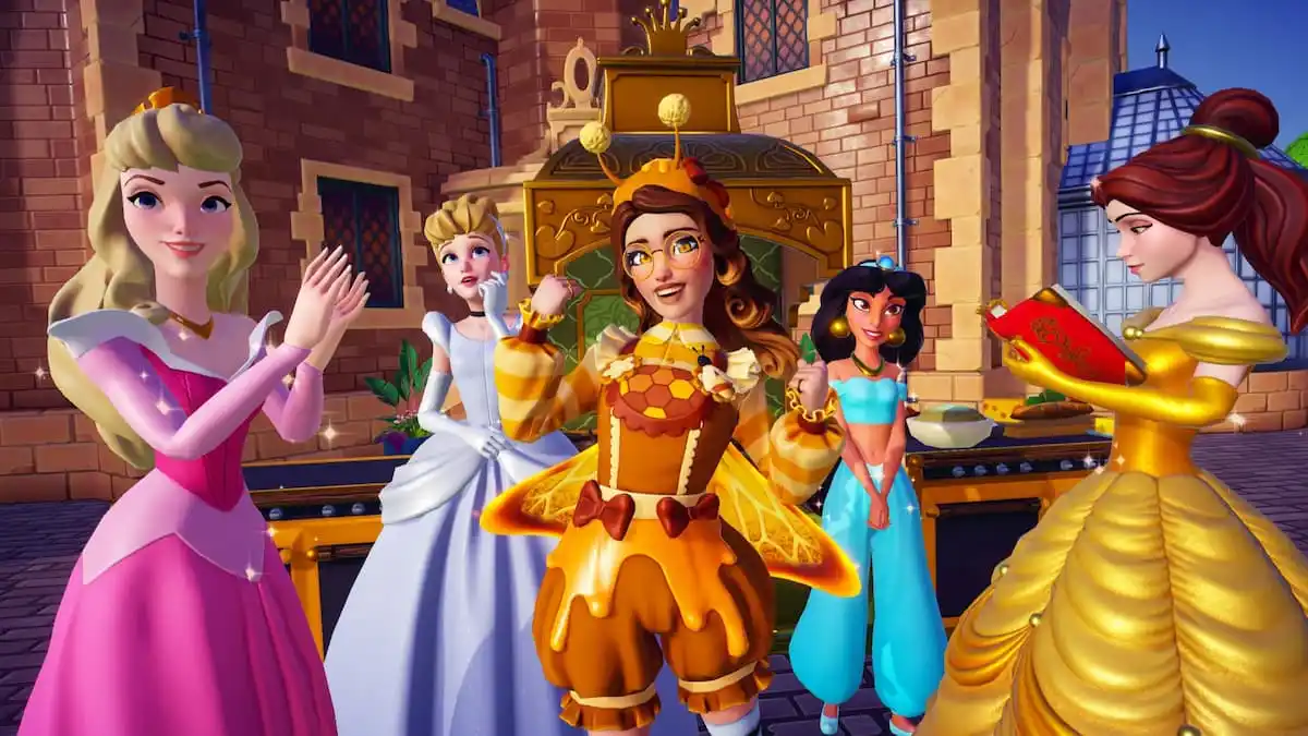 Standing with princesses by cooking station in disney dreamlight valley