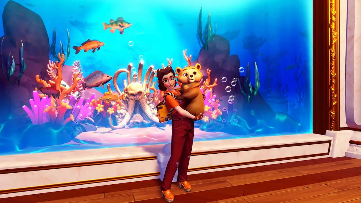 Standing in front of sunlit plateau aquarium holding bear cub in disney dreamlight valley