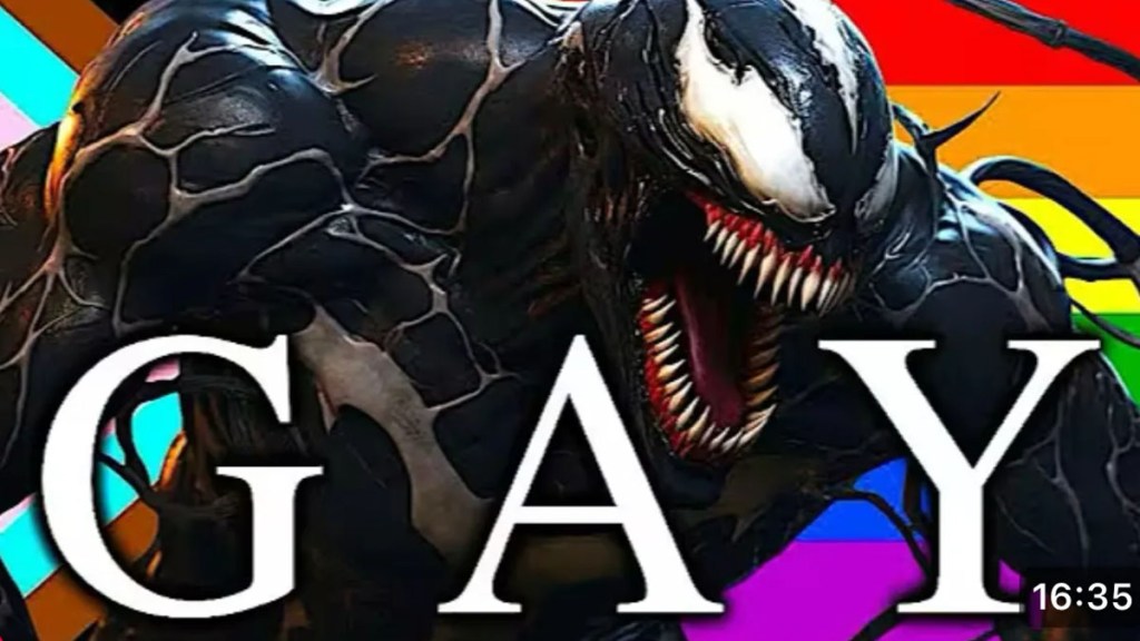 A thumbnail of a YouTube video decrying Venom for supposedly being gay.