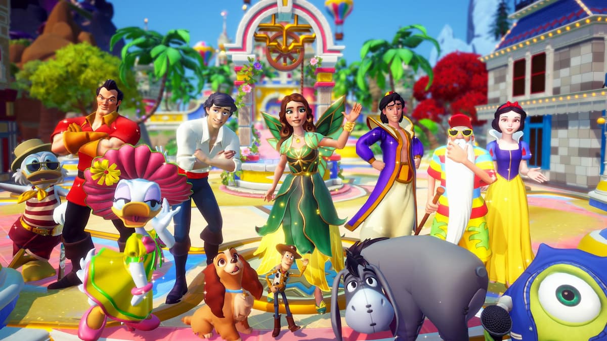 Large group of villagers by dream castle in disney dreamlight valley