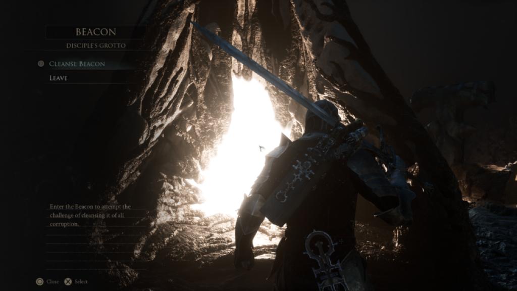 The player facing a beacon in Mortal Shell 2.