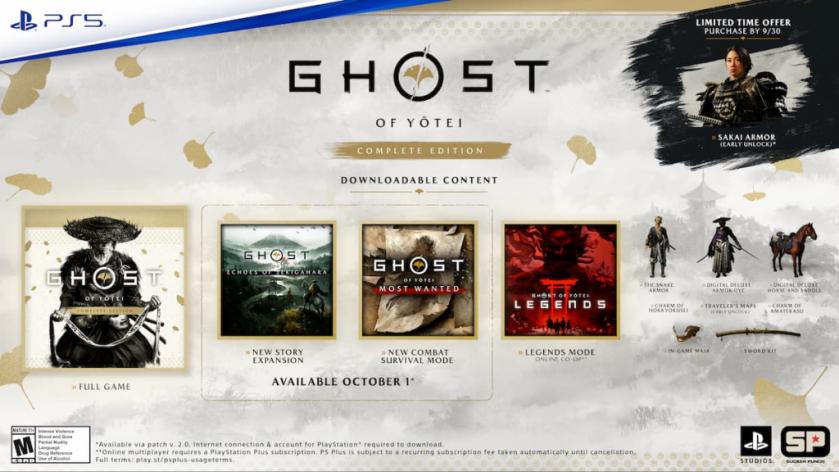 A diagram showing the Ghost of Yotei Complete Edition upgrade, which includes the base game and Legends immediately, plus the Echoes of Sekigahara DLC and the Most Wanted mode on Oct. 1.
