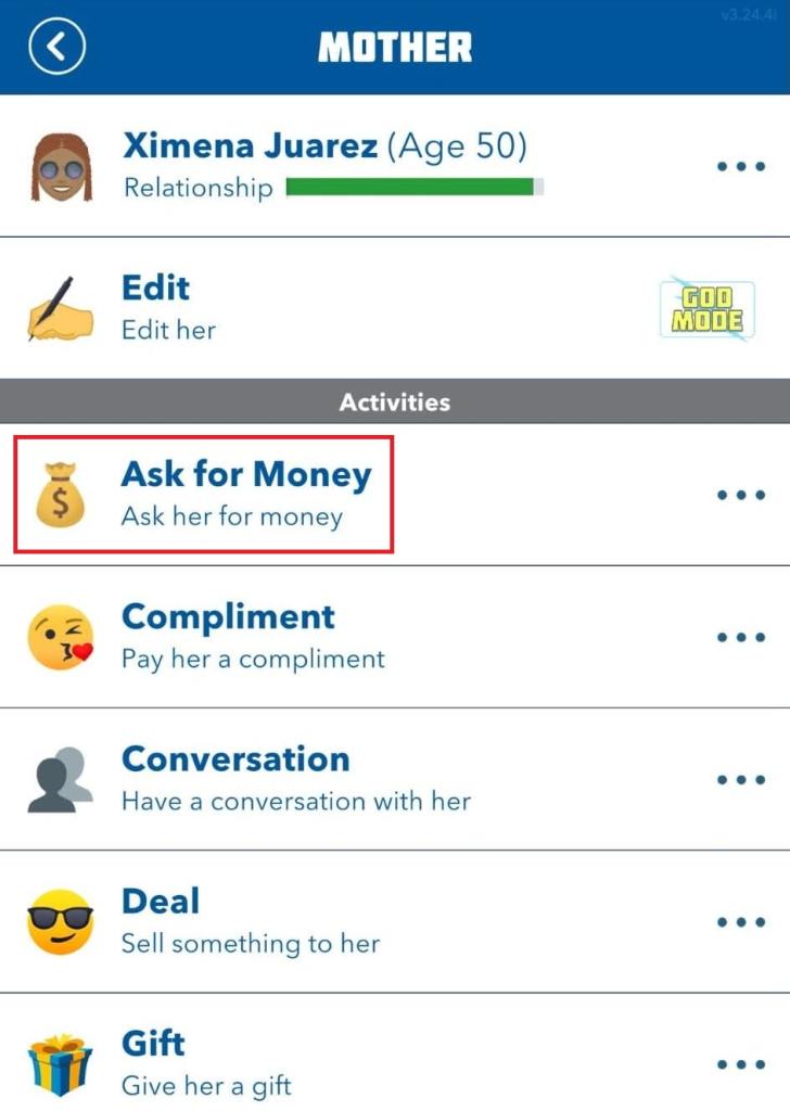 Ask for money option marked in bitlife