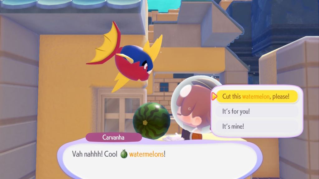 Asking Carvanha to cut watermelon slices in pokopia