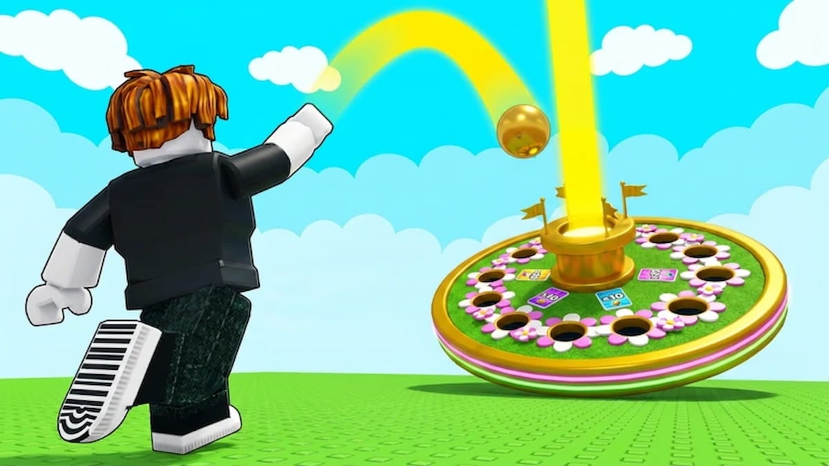 Ball Drop Game featured image showing a Roblox character watching a golden ball bounce toward a colorful circular drop board.