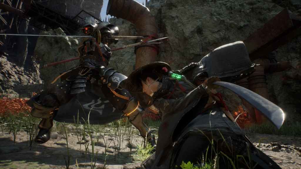 Emma fighting a robotic samurai in Beast of Reincarnation.