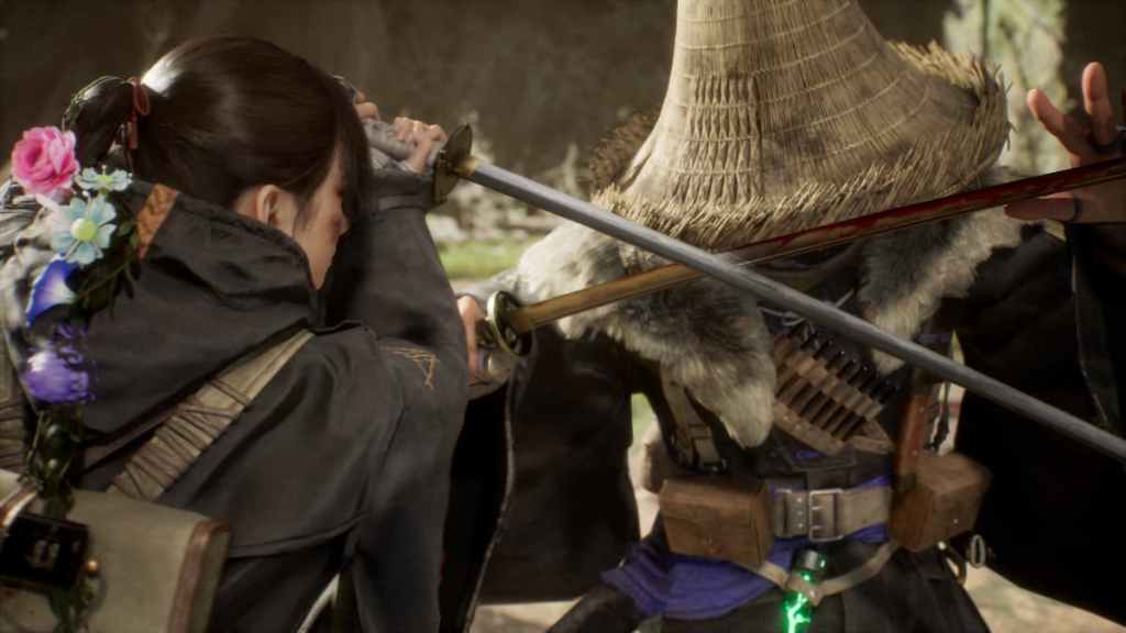 Emma fighting a strange man with a hat in Beast of Reincarnation.