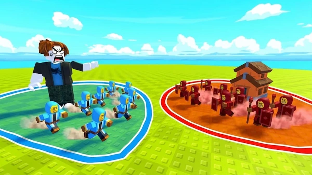 Build an Army featured image showing two opposing Roblox armies in blue and red bases, with a giant character commanding the blue side.