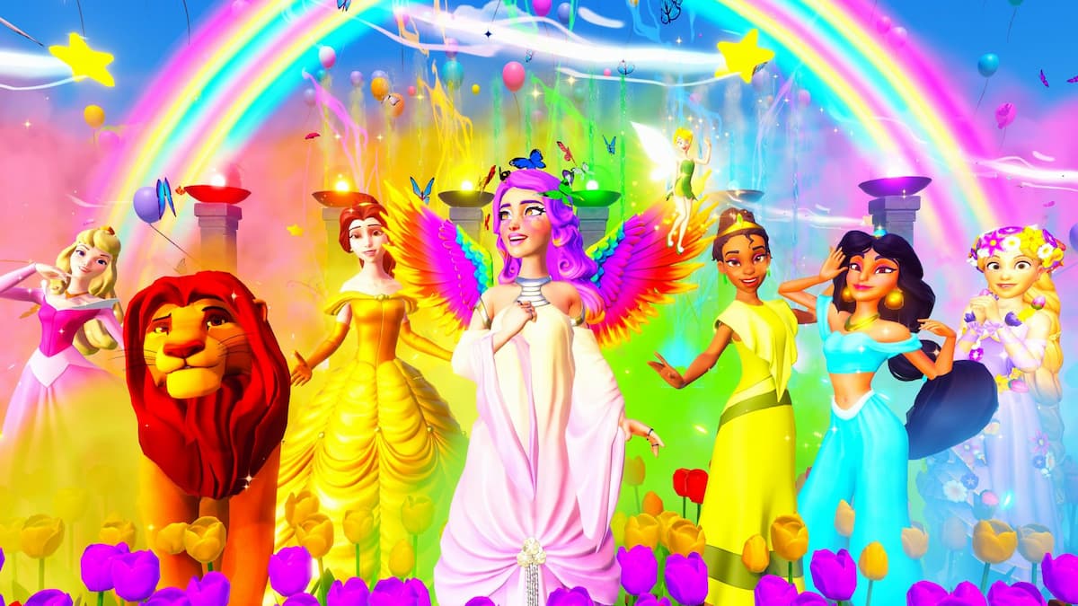 A colorful dreamsnaps submission featuring a player standing and smiling in front of a rainbow with villagers in disney dreamlight valley