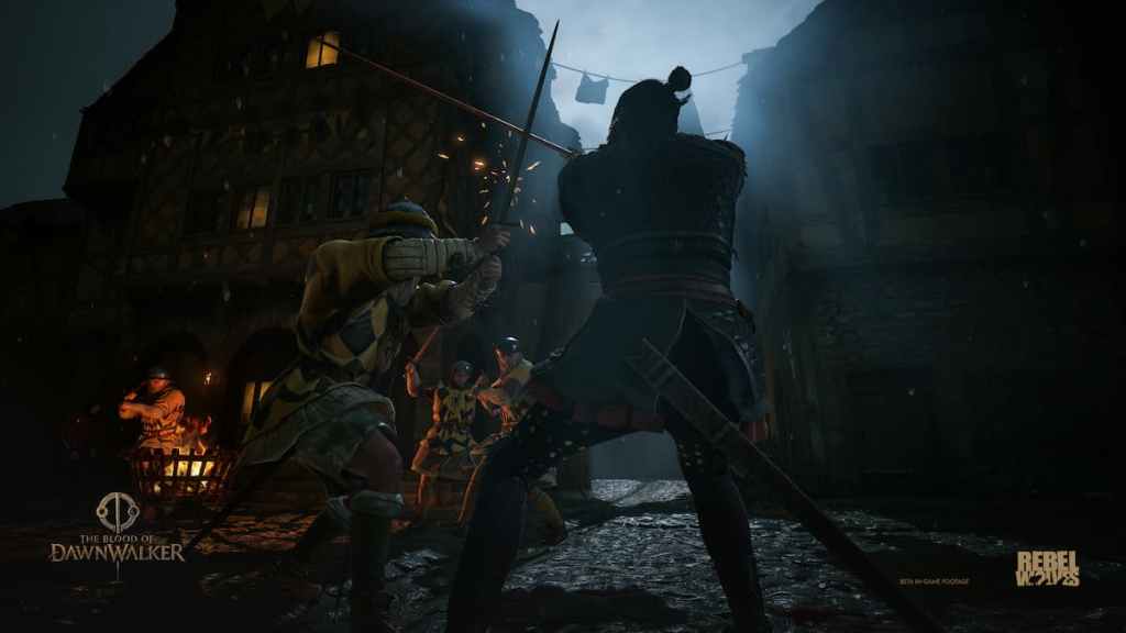 Coen fighting a group of guards in a city in The Blood of Dawnwalker. 