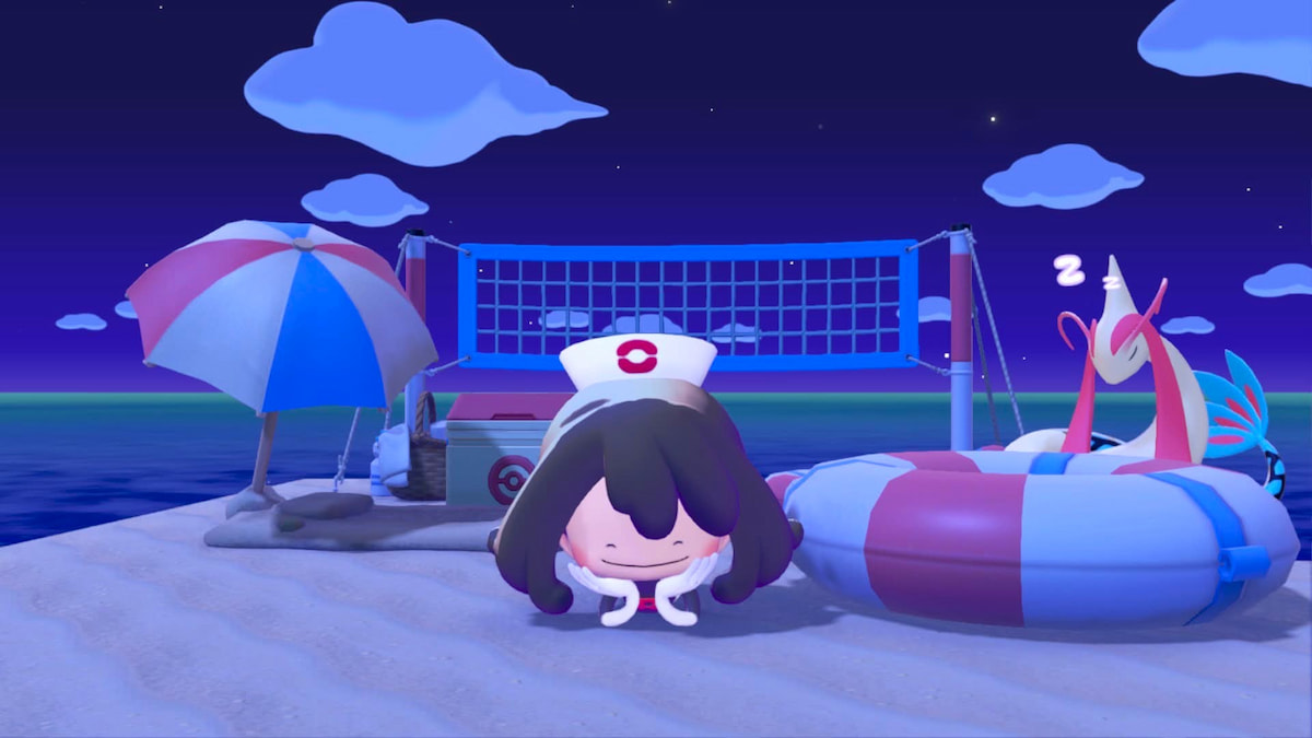 Ditto smiling and posing by fetching scales for feebas event rewards in pokopia