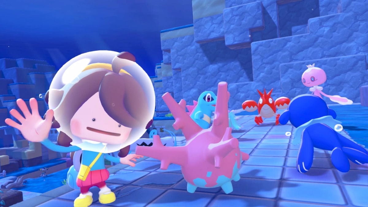 Ditto smiling and waving by bubbly basin Pokémon in Pokopia
