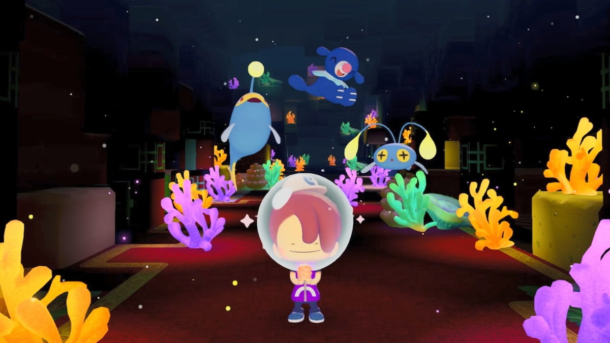 Ditto exploring dark underwater area with Pokémon in Pokopia