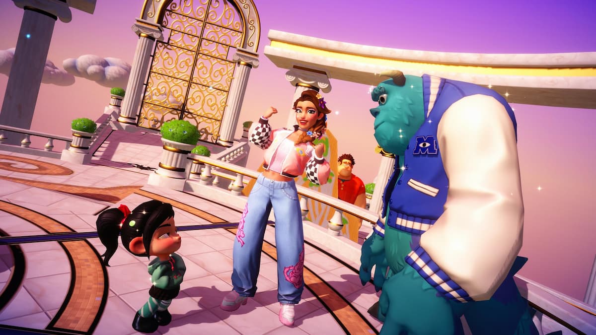 Player standing by Vanellope and Sulley with Ralph lurking in the background in the Dreamscape in Disney Dreamlight Valley