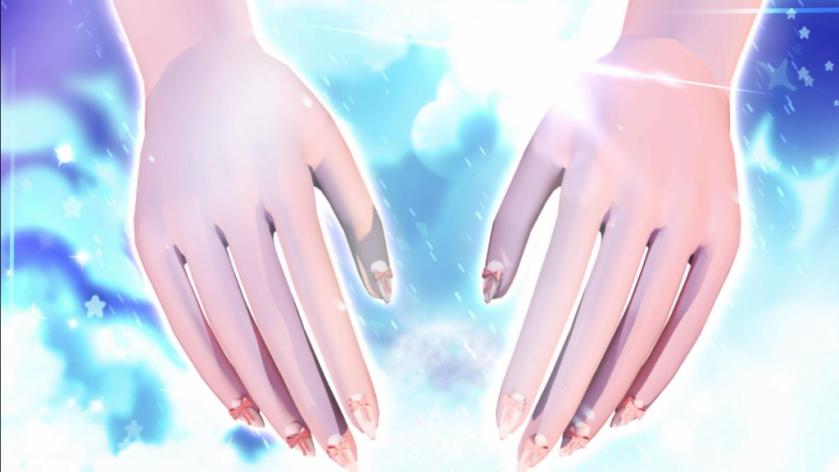 Fashion Disaster artwork showing two stylized hands with bow-decorated nails against a glowing blue and pink starry background.