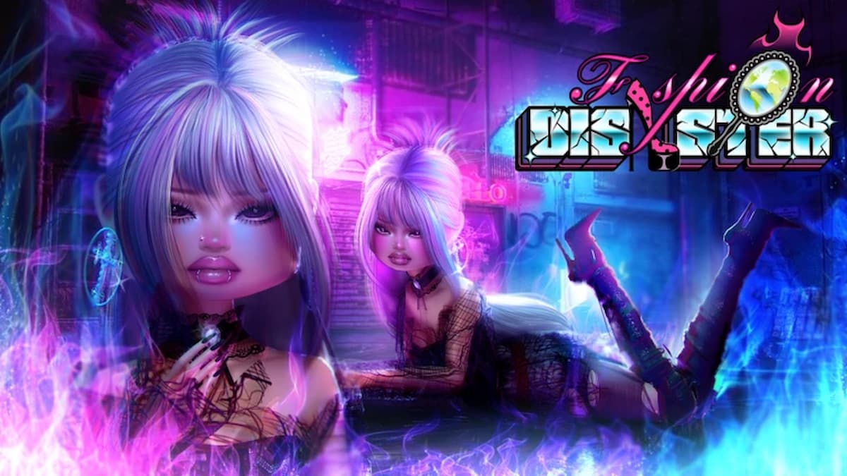 Fashion Disaster featured image showing a stylized Roblox character in a neon purple and blue fashion-themed setting beside the game logo.