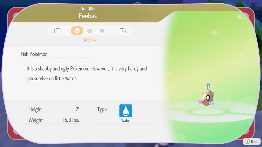 Feebas page in pokopia