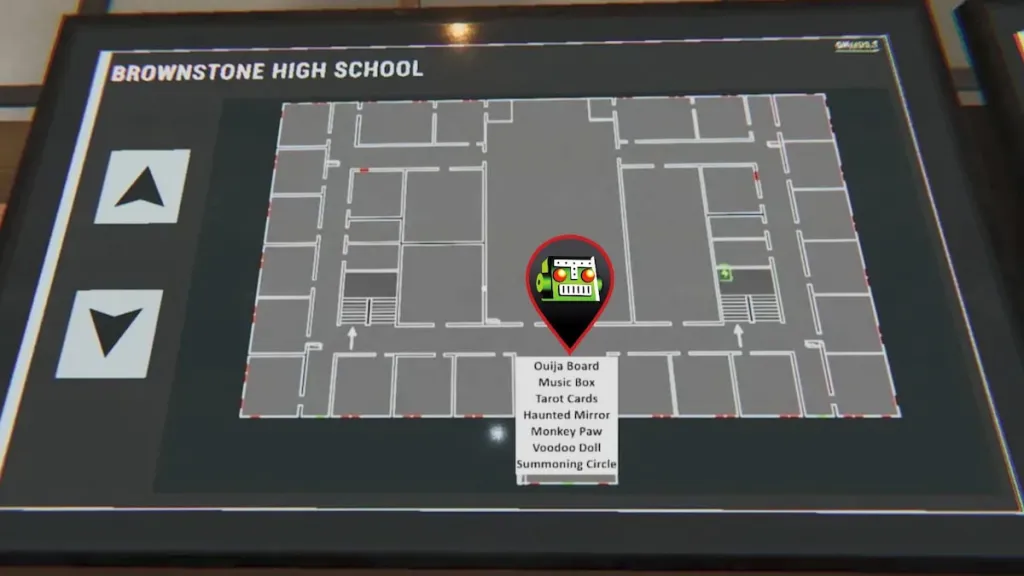 All Phasmophobia Brownstone High School Restricted Cursed Possession locations for first floor variant