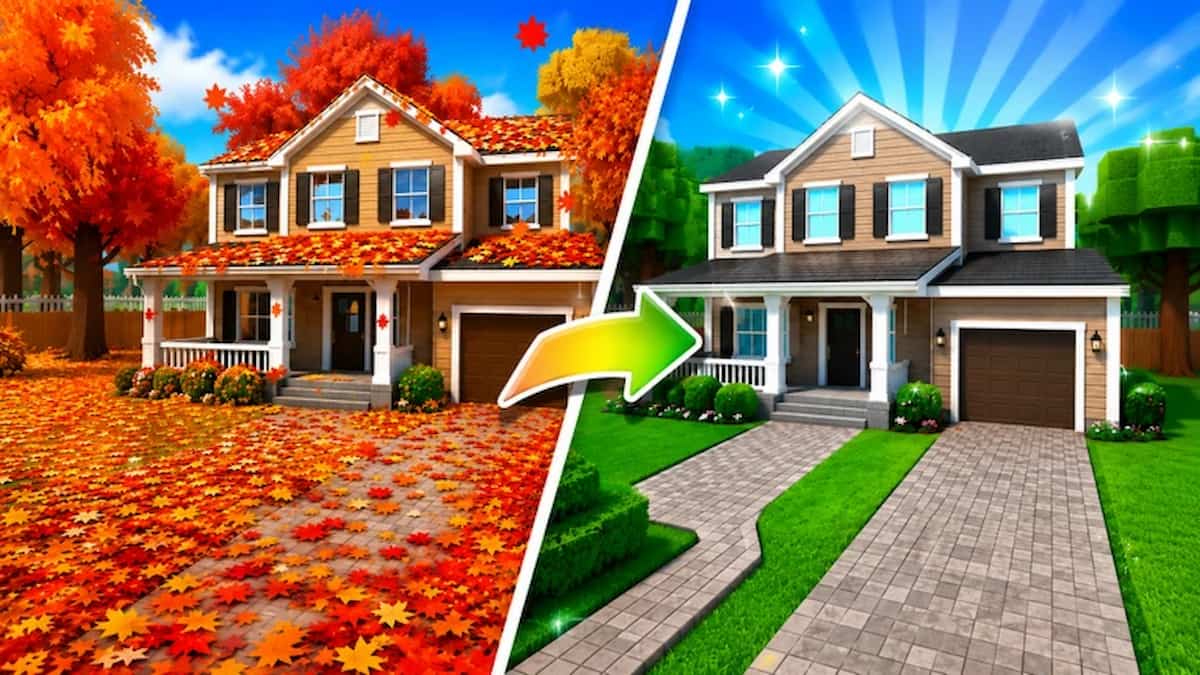 Garden Cleaner Evolution Roblox artwork showing a leaf-covered autumn yard transforming into a clean, green garden and renovated house