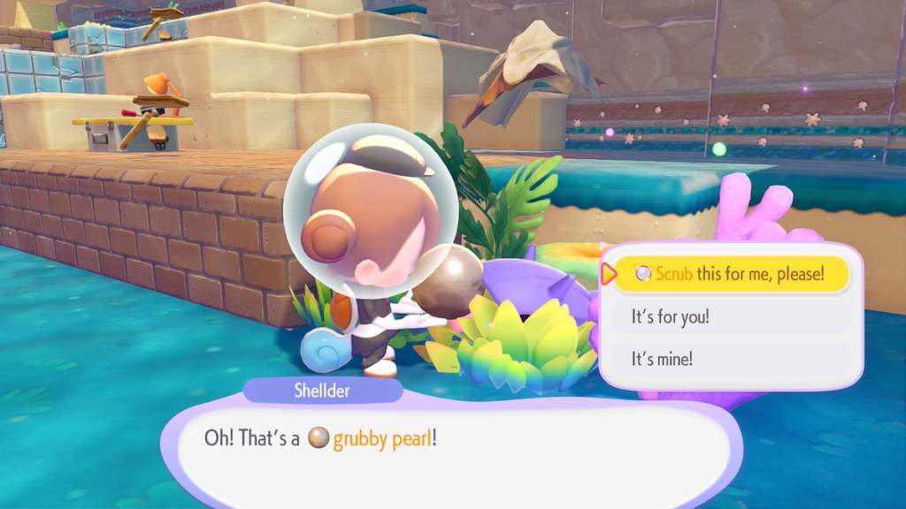 Asking shellder to scrub grubby pearls in pokopia