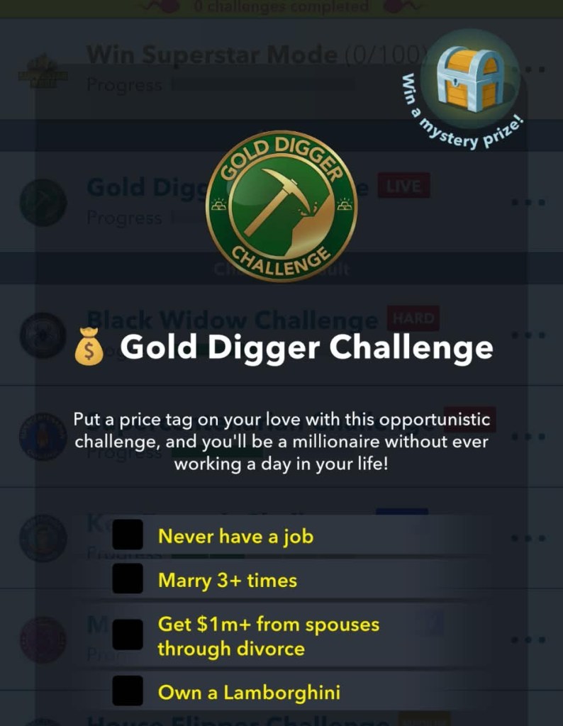 Gold Digger challenge goals in BitLife