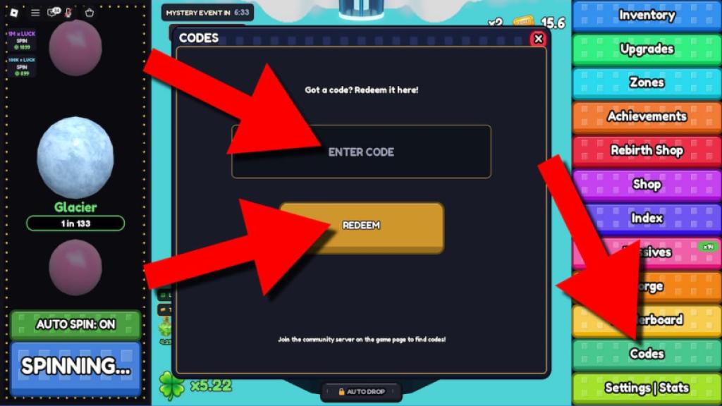 Ball Drop Game codes redemption screen showing the Codes menu, code entry field, and Redeem button highlighted with red arrows.