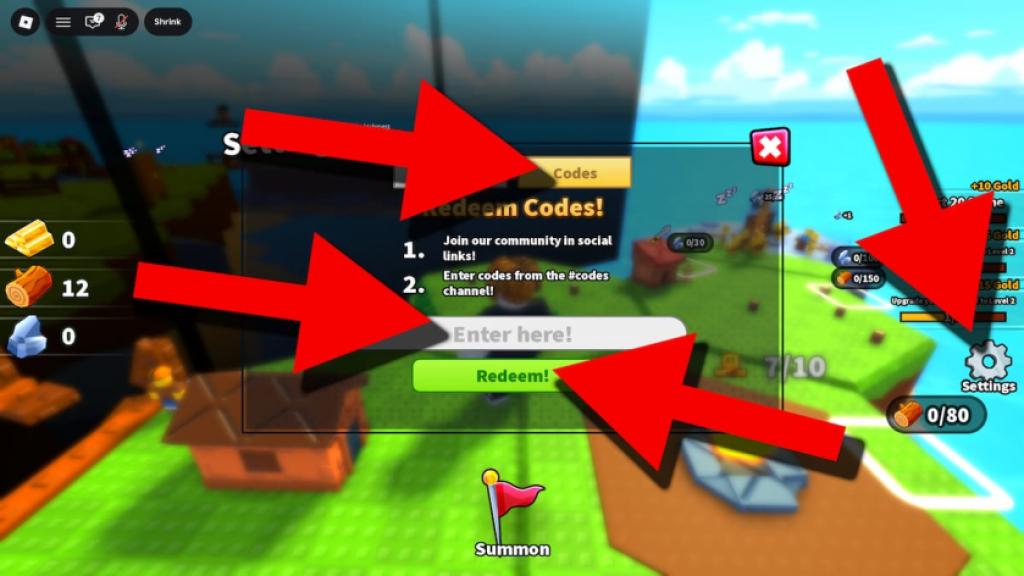 Build an Army codes redemption screen showing the Settings button, Codes tab, code entry field, and Redeem button highlighted with red arrows.