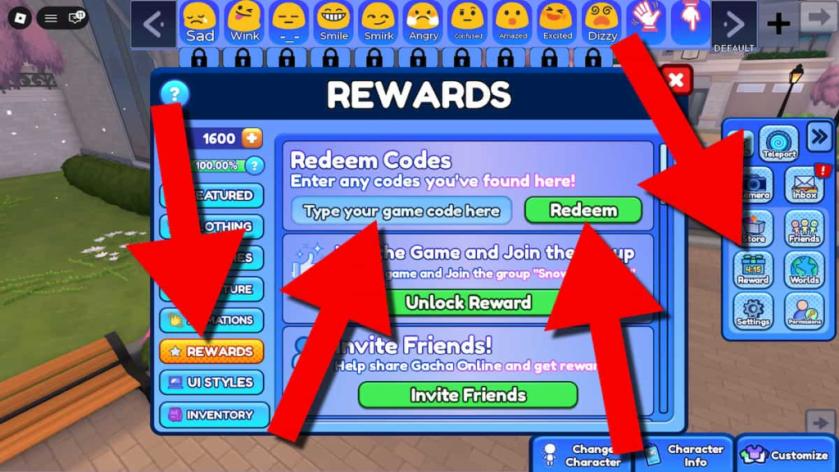 Gacha Online RP Rewards window with Codes section