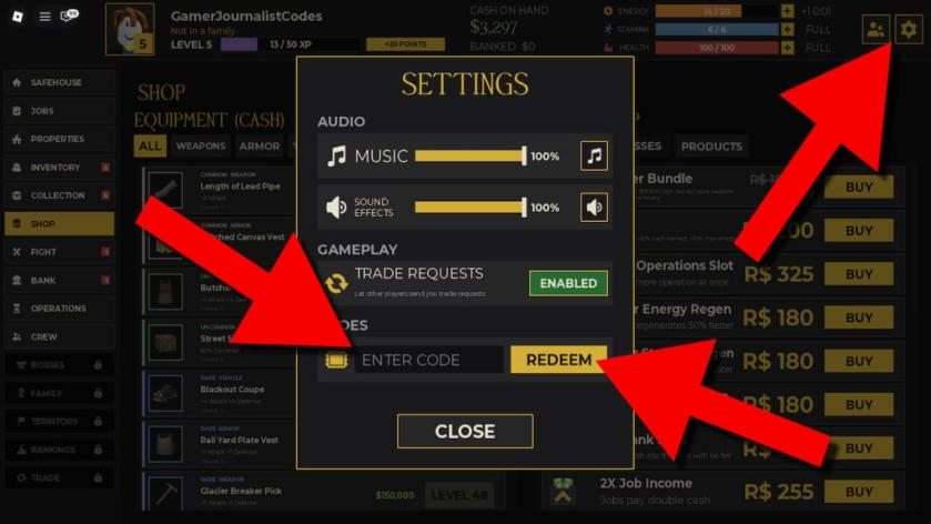 Idle Mafia Game codes redemption screen showing the Settings menu, code entry field, and Redeem button highlighted with red arrows.
