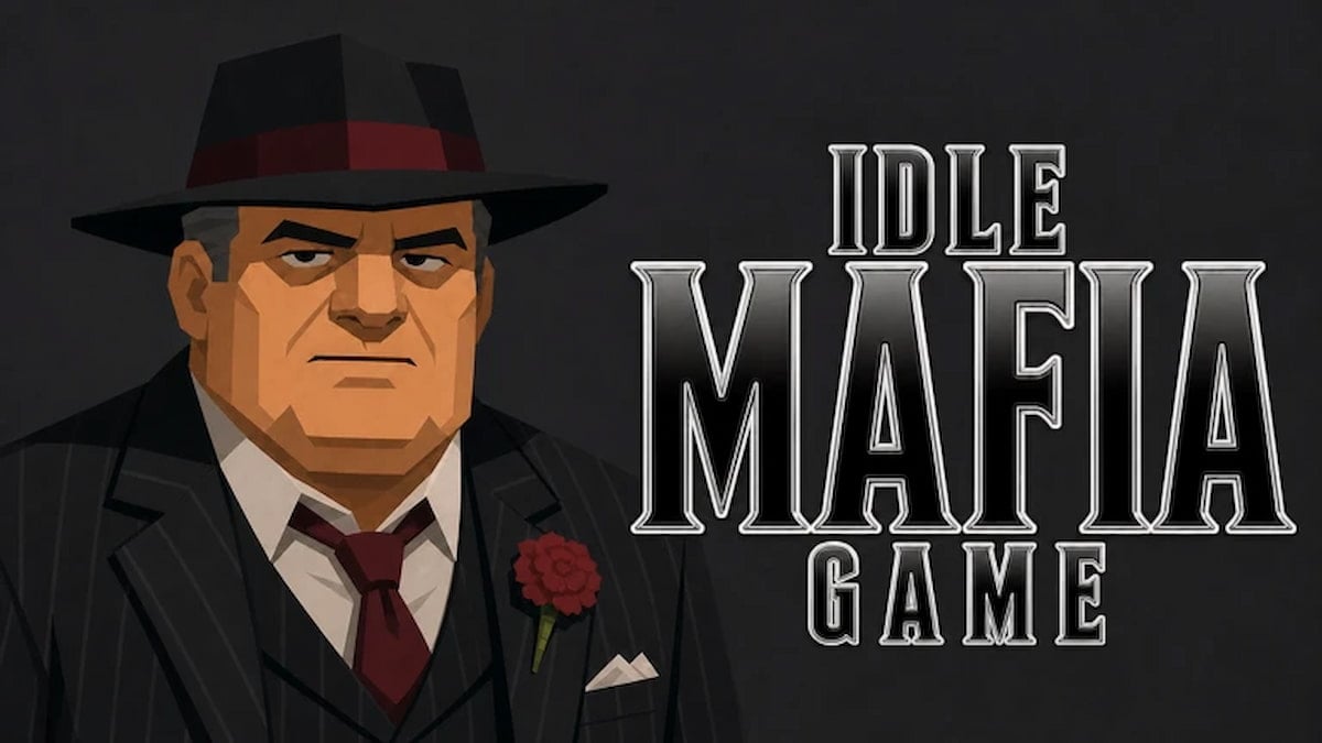 Idle Mafia Game featured image showing a stern mob boss in a black suit and fedora beside the Idle Mafia Game logo.