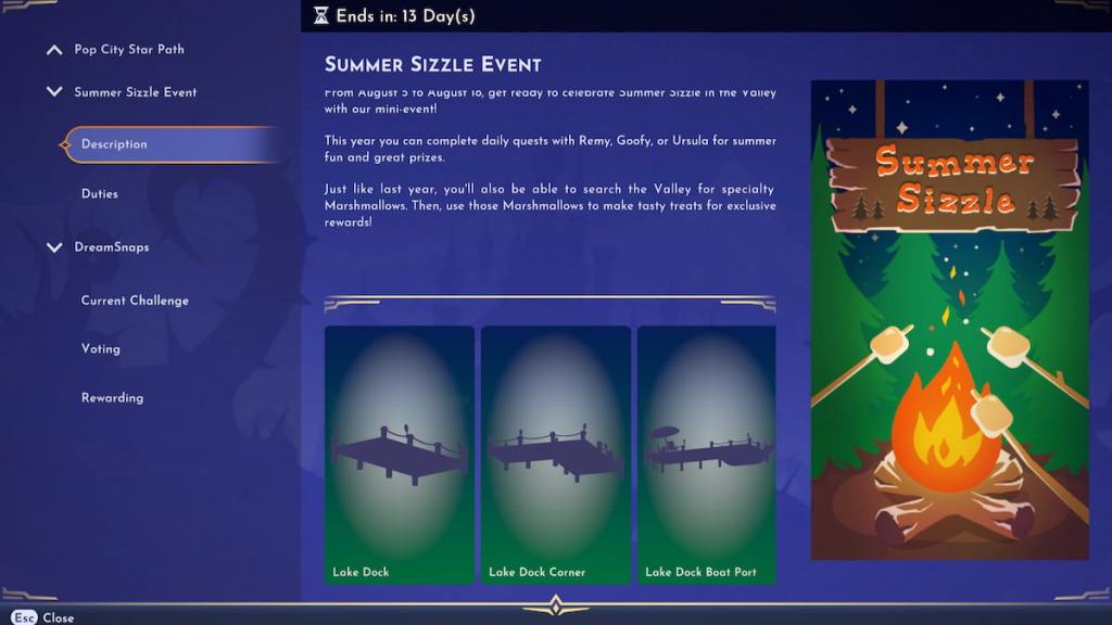 Summer Sizzle event Lake Dock rewards in Disney Dreamlight Valley