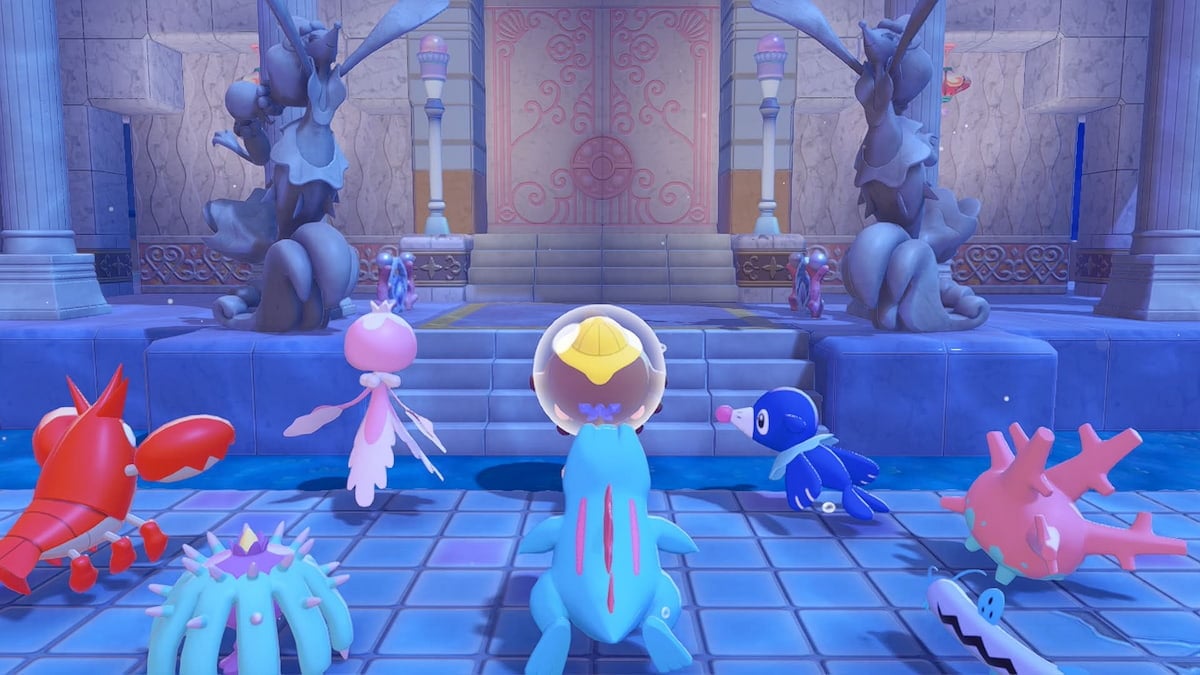 Ditto standing with pokemon looking at ocean doors in pokopia