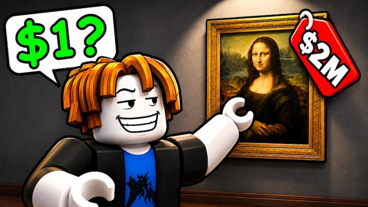 Lowball artwork depicting a Roblox avatar bidding to buy the Mona Lisa painting
