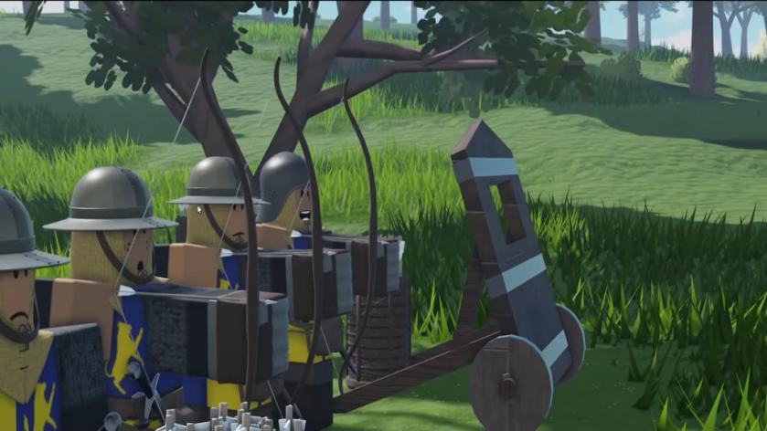 Muskets and Magic gameplay screenshot showing Roblox soldiers equipped with bows standing beside a wooden siege weapon in a grassy forest.
