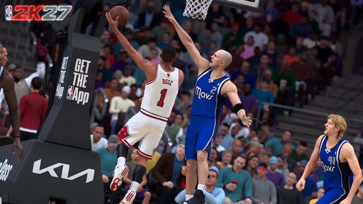 NBA 2K27 gameplay screenshot showing Derrick Rose of the Chicago Bulls driving for a layup while Jason Kidd and Dirk Nowitzki of the Dallas Mavericks contest the shot near the basket.