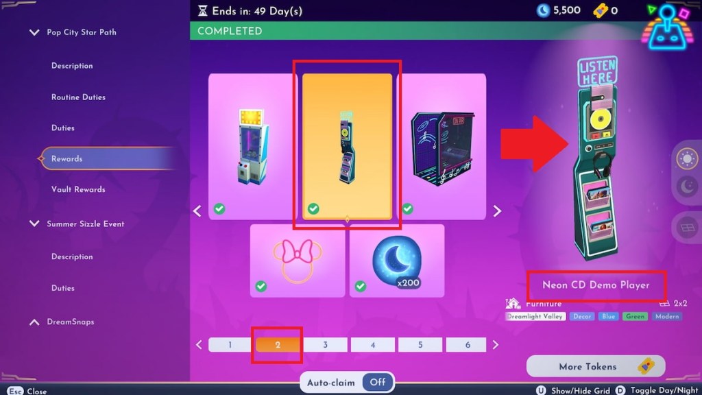 Neon CD Demo Player marked in Disney Dreamlight Valley