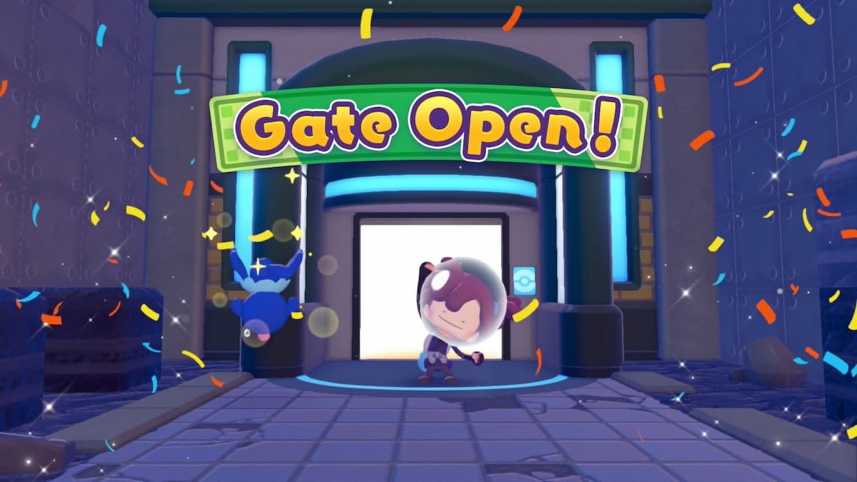 Ditto celebrating opening Bubbly Basin gate in Pokopia