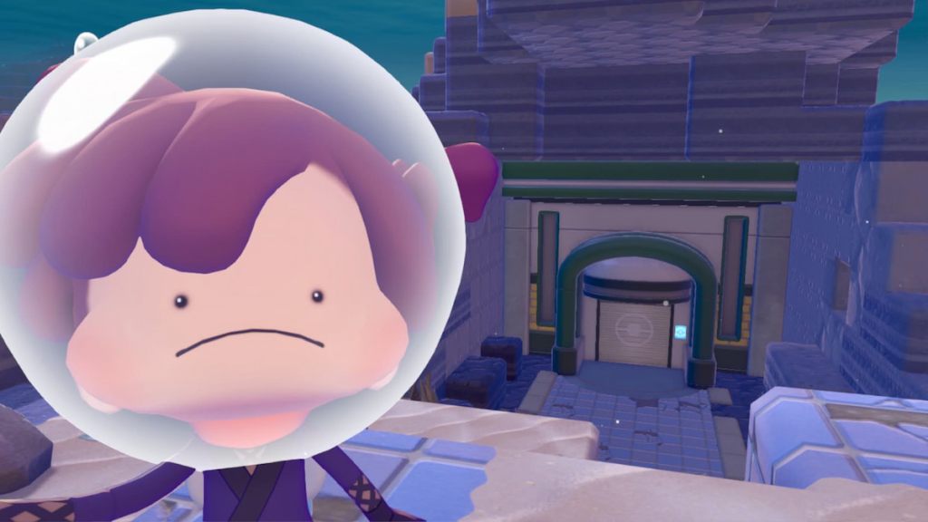 Ditto taking picture with bubbly basin gate in Pokopia