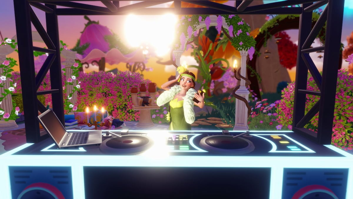 Player posing by dj booth in disney dreamlight valley