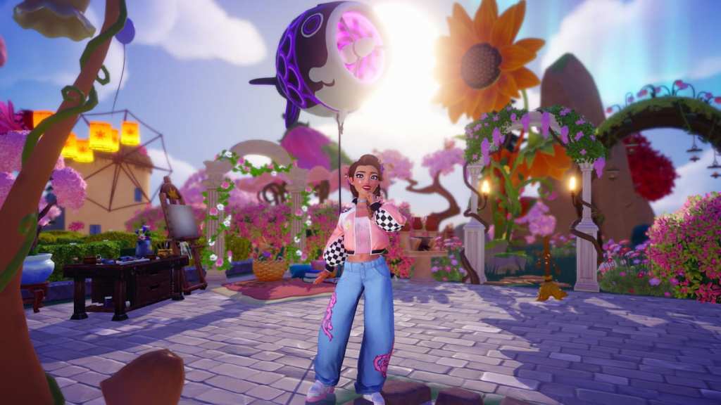 Posing by neon koi lantern in disney dreamlight 