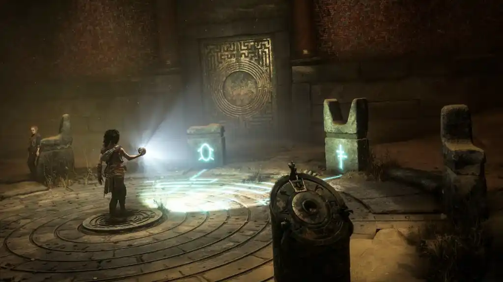 Sophia solving one of the puzzles in Resonance: A Plague Tale Legacy. 
