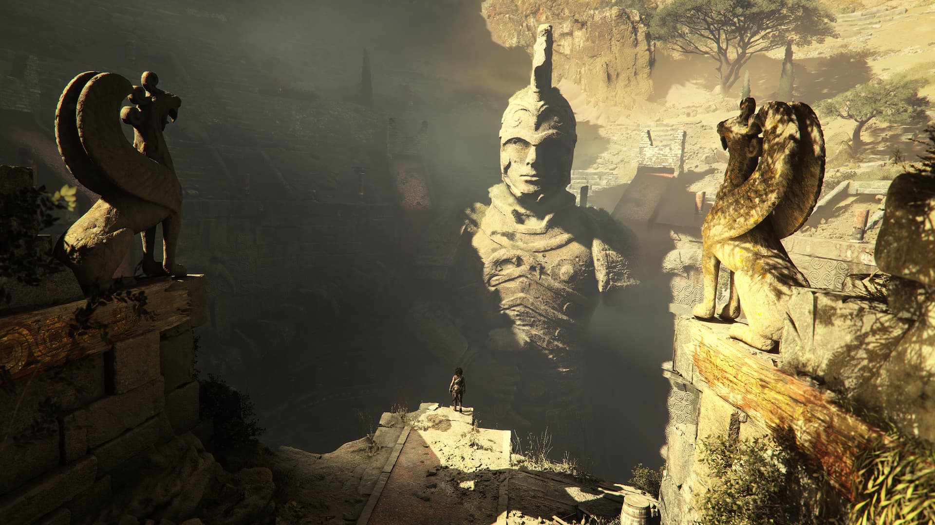Sophia standing beneath a massive statue of an ancient Greek warrior in Resonance: A Plague Tale Legacy.