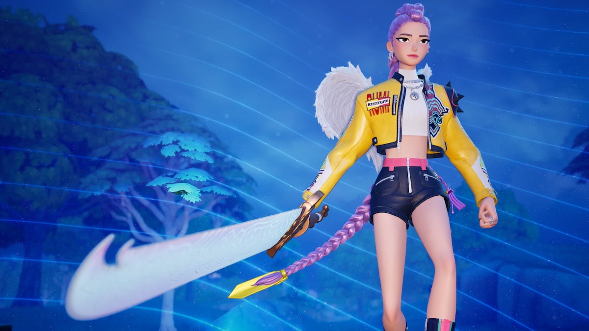 Rumi holding sword at night in Fortnite