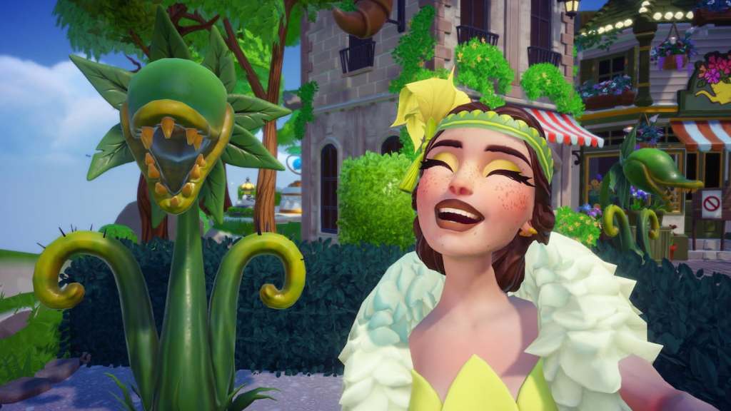 Player taking a picture with two carnivorous plants in Disney Dreamlight Valley.