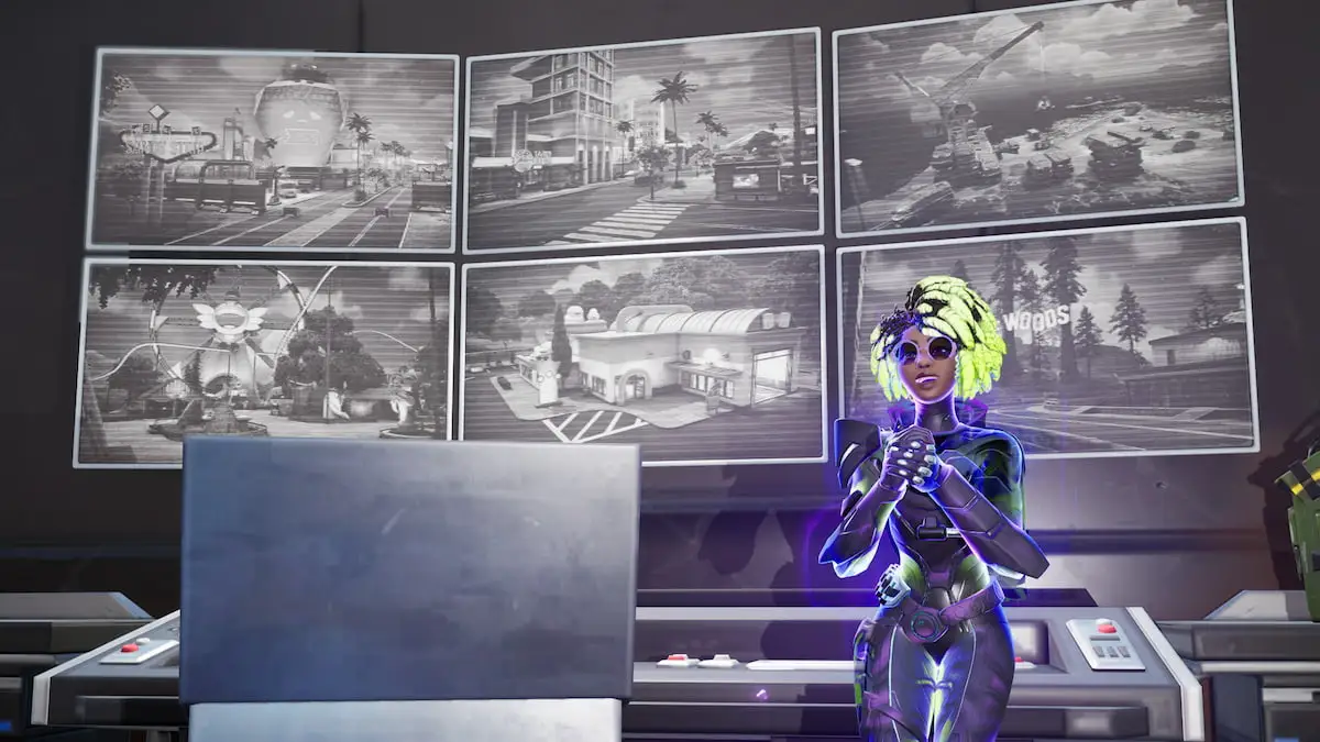 Slone standing by screens in geno's secret lab in fortnite